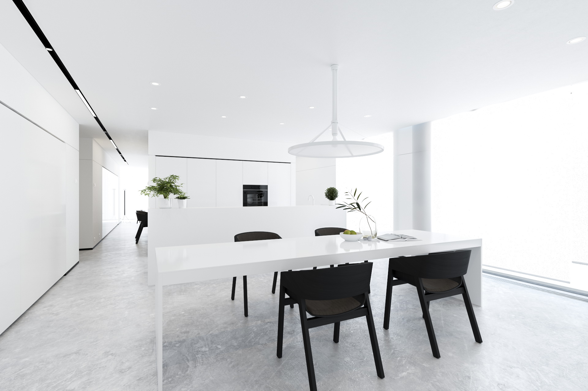 Projekt wnętrza apartamentu 140 m2 w Warszawie, jasna jadalnia połączona z minimalistyczną kuchnią