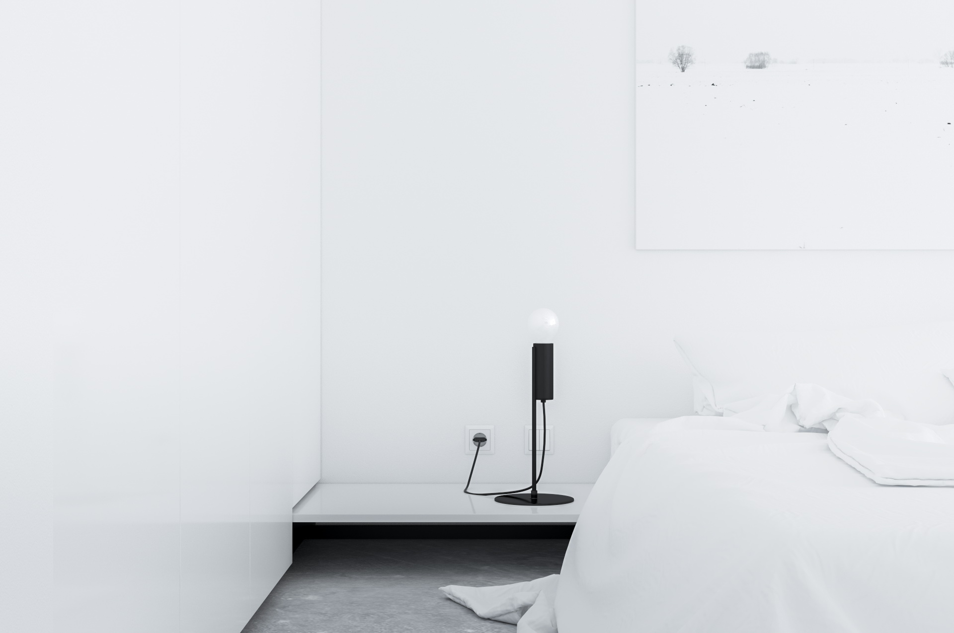 Minimalistyczna sypialnia w projekcie wnętrza apartamentu 140 m2 w Warszawie