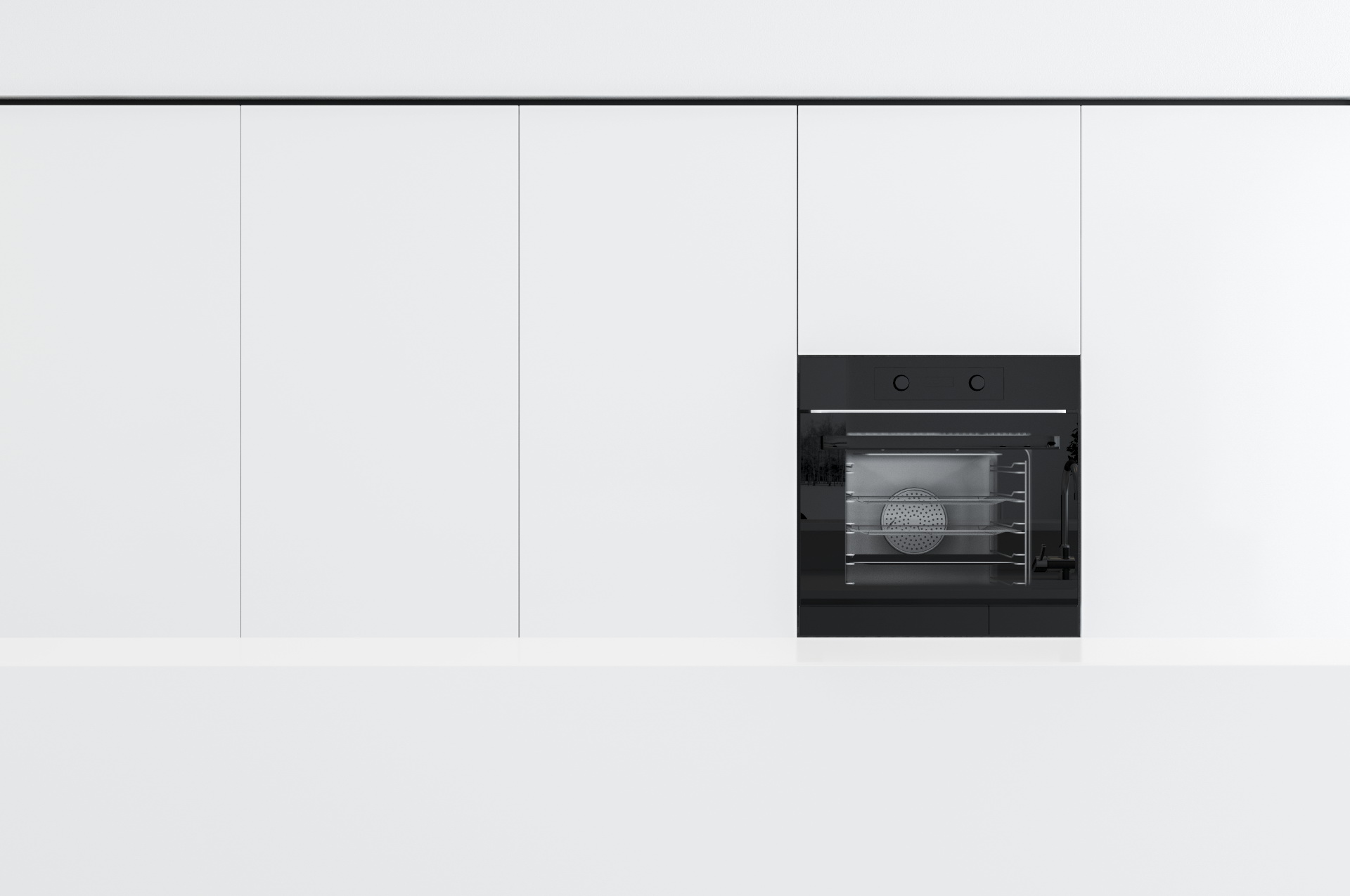 Biała zabudowa kuchenna w minimalistycznym apartamencie 140 m2 w Warszawie