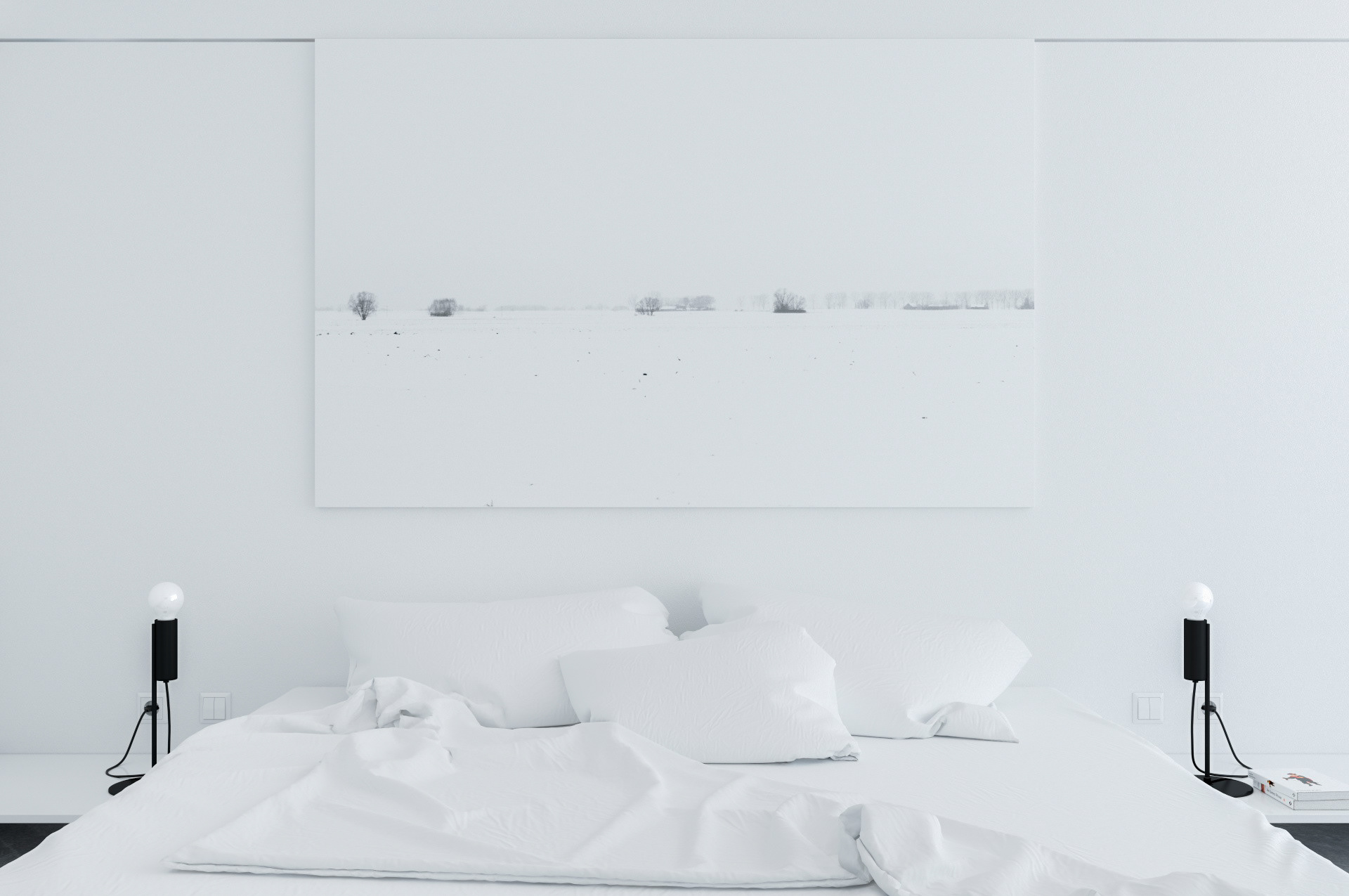 Biała minimalistyczna sypialnia w apartamencie 62m2 w Warszawie z ukrytą zabudową i czarnym oświetleniem liniowym