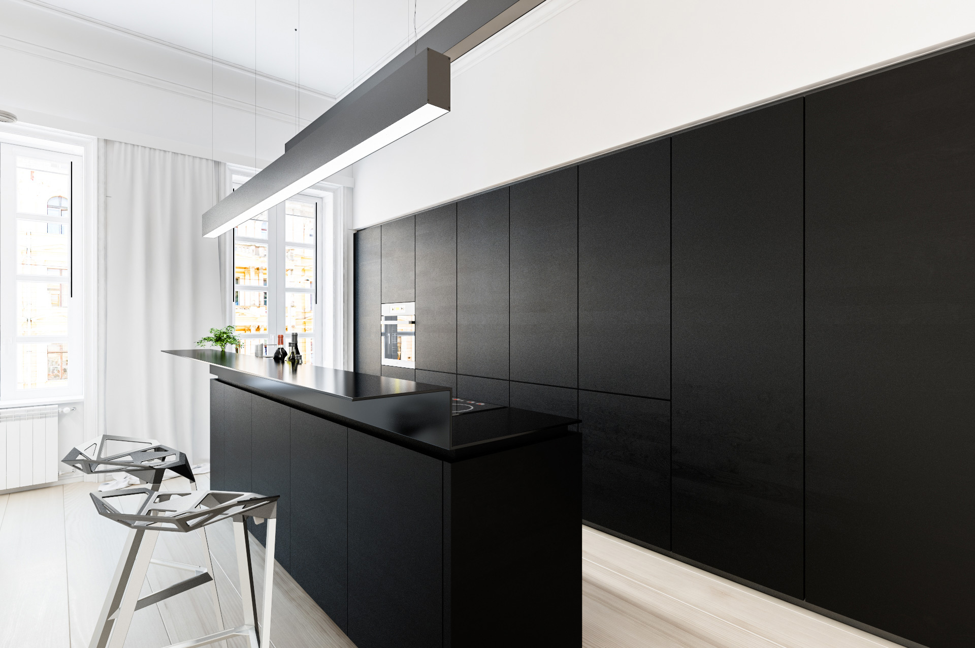 Detal czarnej stali w minimalistycznym apartamencie 75m2 w Warszawie