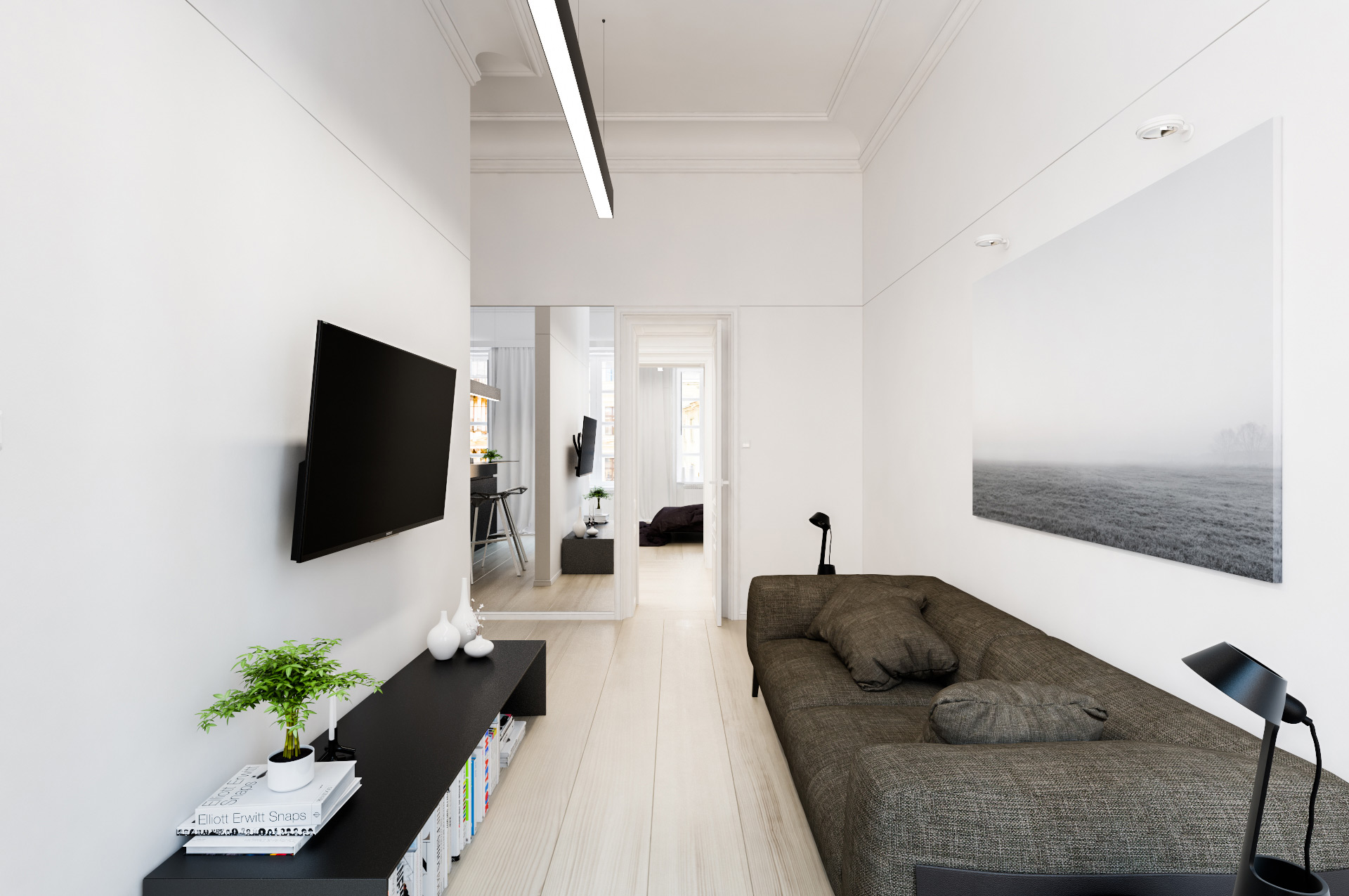 Jasna strefa dzienna w projekcie wnętrza apartamentu 75m2 w Warszawie