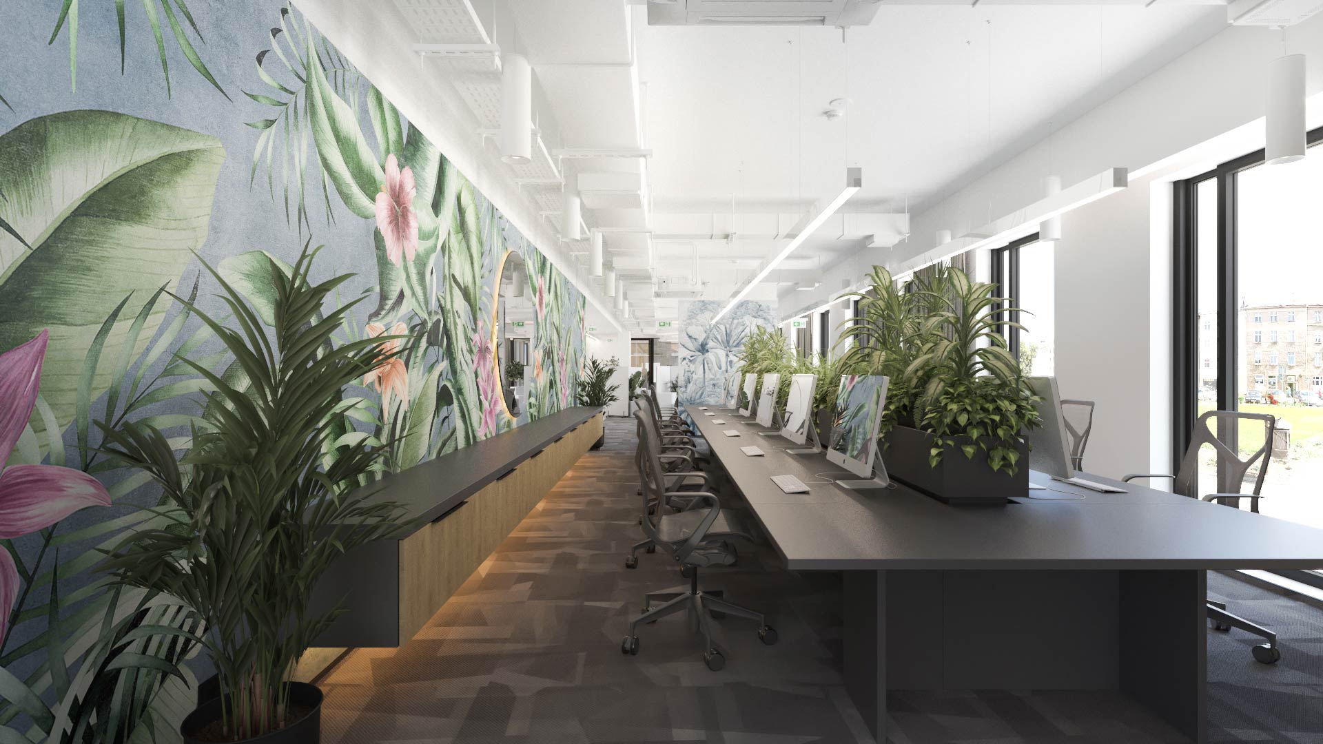 Projekt coworkingu w Warszawie z zielenią i stanowiskami pracy