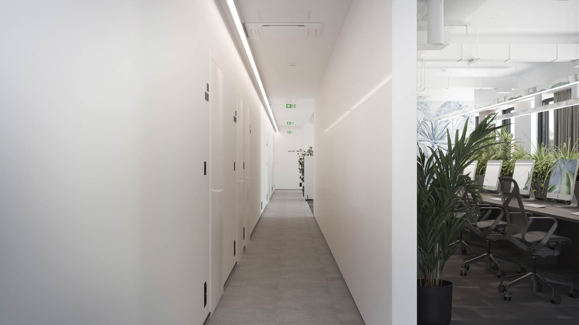 Minimalistyczny korytarz przy strefie pracy w projekcie coworkingu