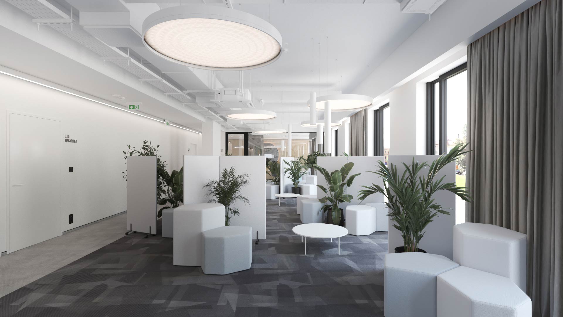 Strefa lounge z mobilnymi przegrodami, zielenią i siedziskami