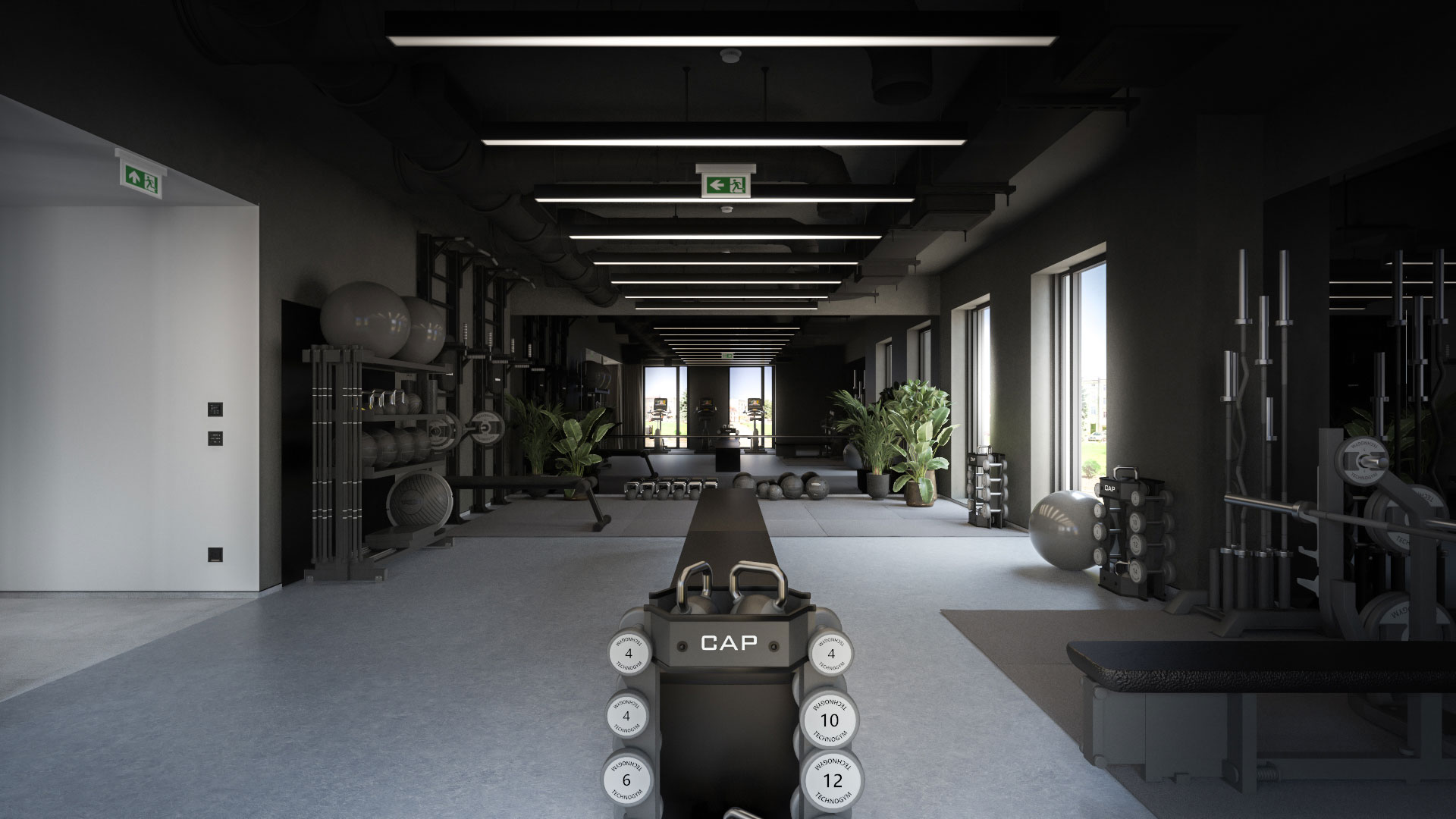 Projekt wnętrza strefy fitness i siłowni w Warszawie z ciemną częścią treningu siłowego, liniowym oświetleniem i wyposażeniem sportowym